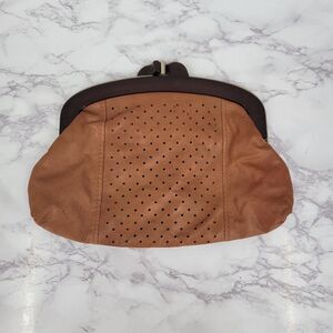 John Wind 70s Vintage Brown Perforated Leather Clutch Framed Kisslock Kiss Lock